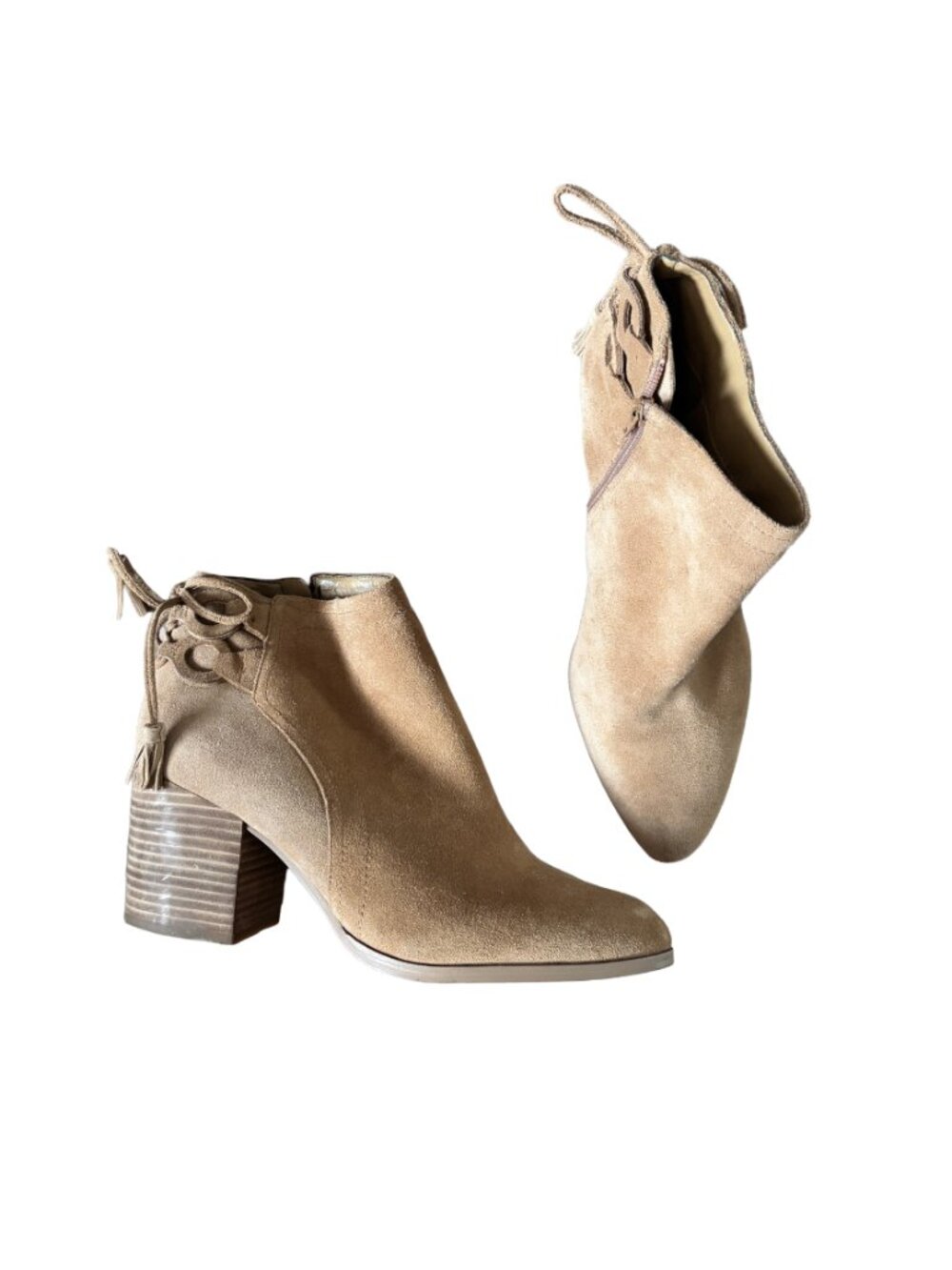 Vince Camuto Light Tan Mellia Suede Leather Pointed Toe Block Heel Ankle Boots